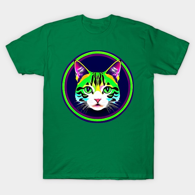 Cool Green And Blue Tabby Cat Portrait. Round Geometric Composition T-Shirt by funfun